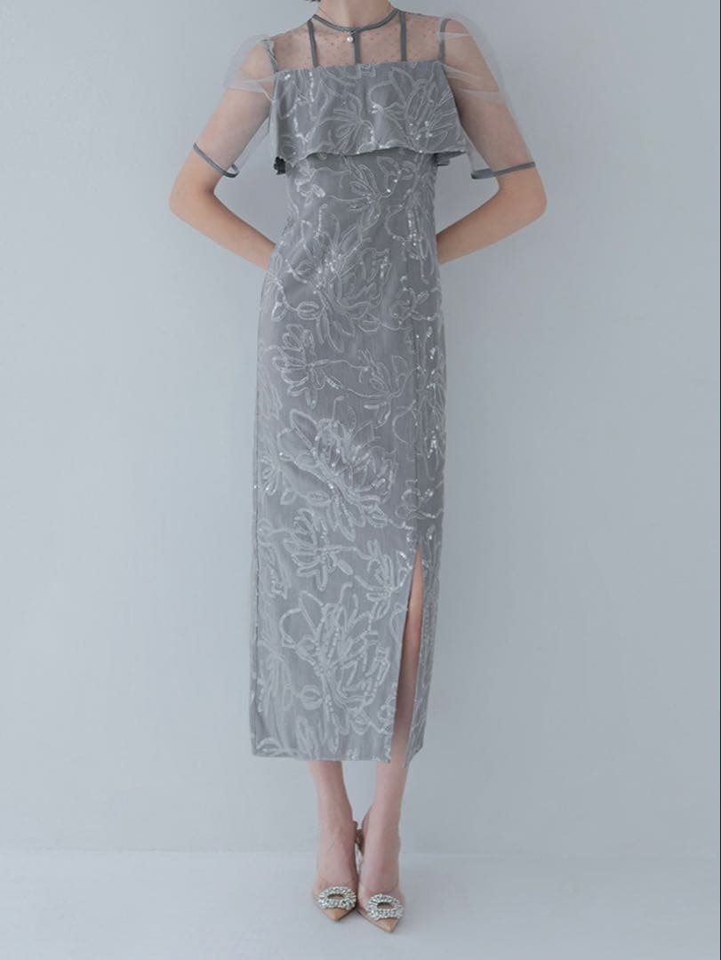 ドットチュールフラワースパンコールIラインワンピースドレス結婚式二次会成人式