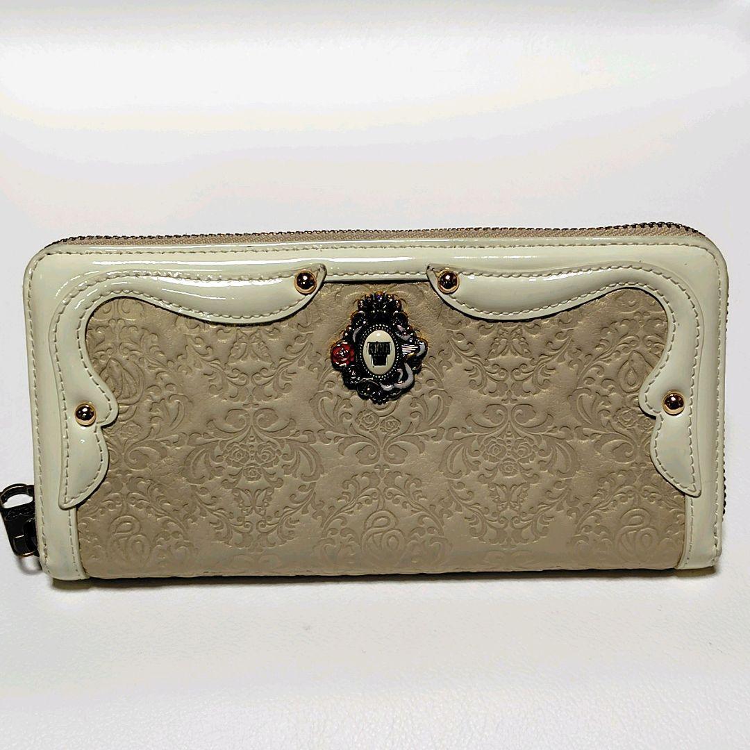 美品✨　アナスイ　セルパン　白☓ベージュ系　ラウンドファスナー　型押し　ヘビ