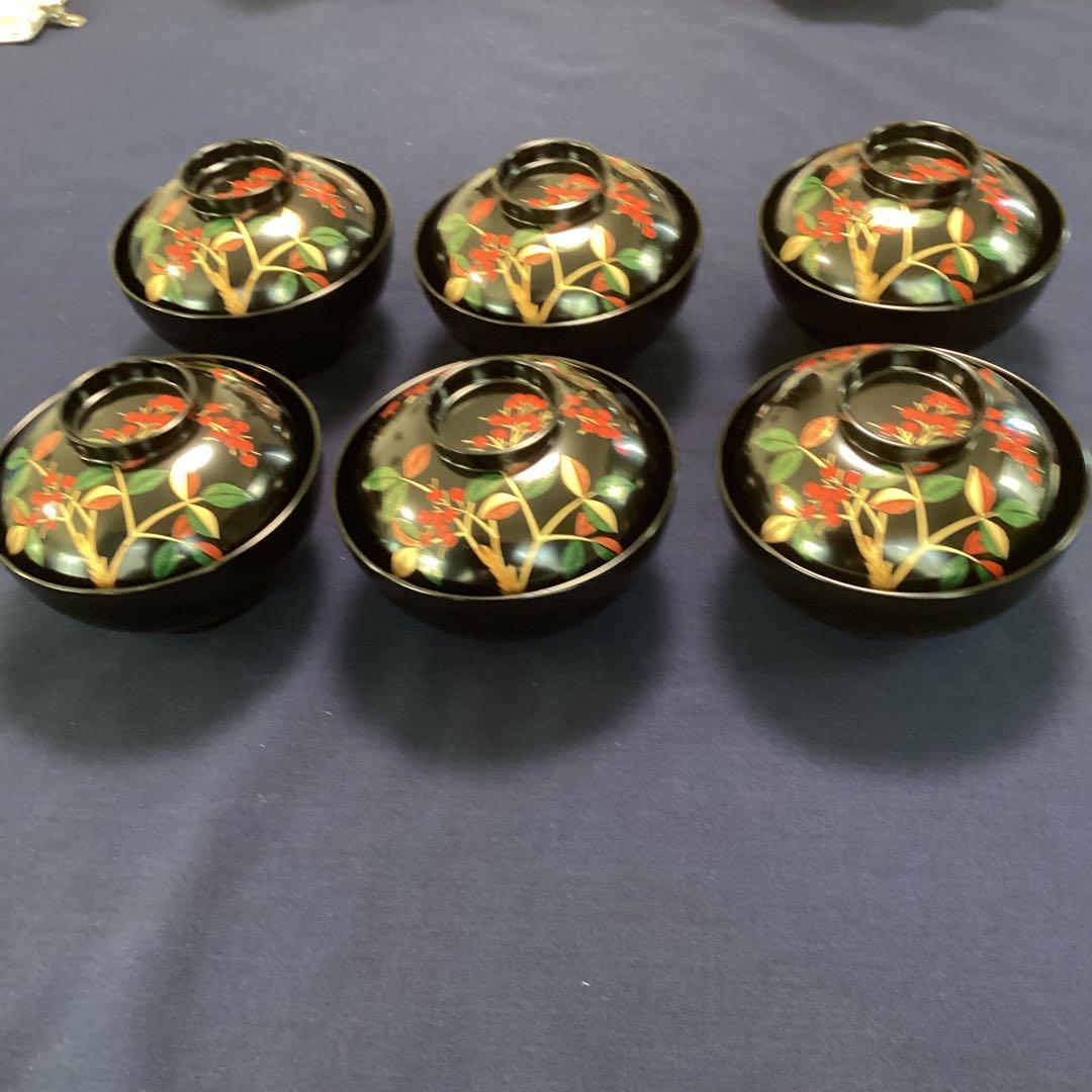 はっちゃん　　木乾黒塗り南天絵椀6客　新品未使用　　　雑煮椀