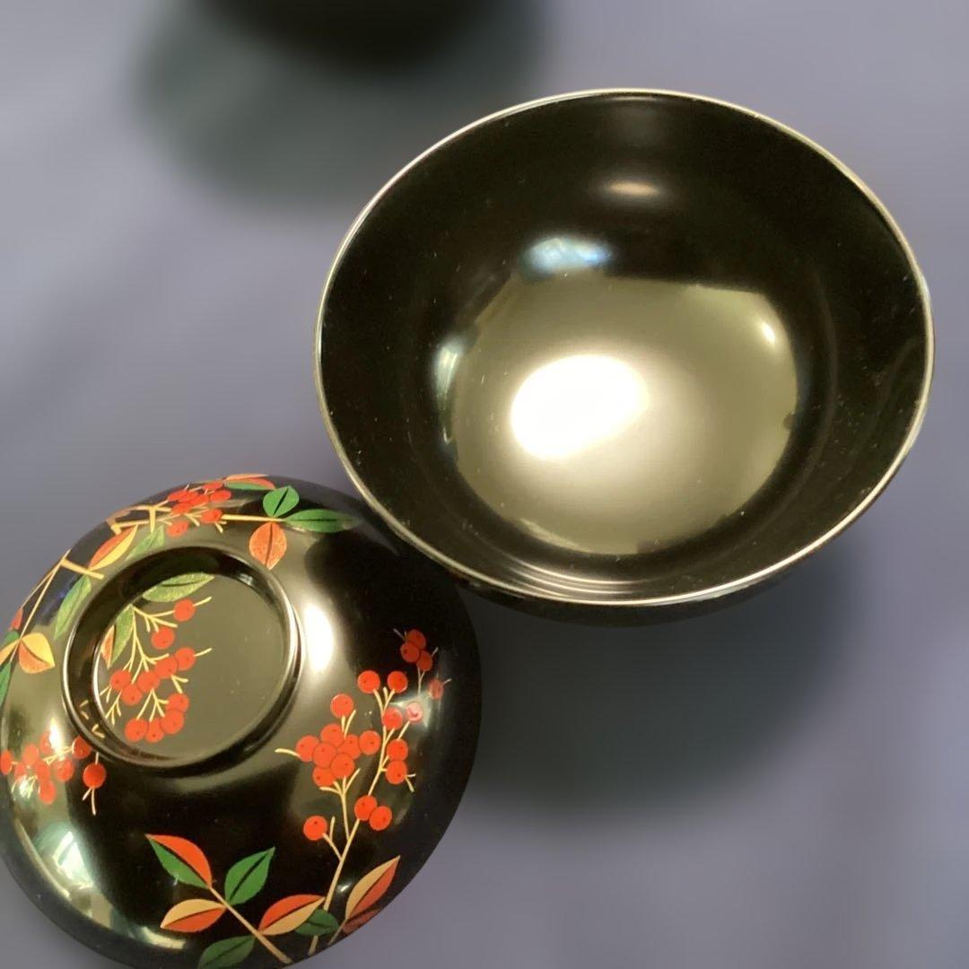 はっちゃん　　木乾黒塗り南天絵椀6客　新品未使用　　　雑煮椀