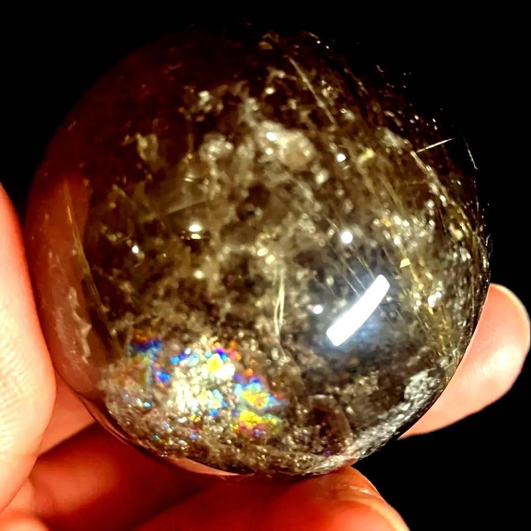 42mm 虹入りゴールドルチルクォーツ　丸玉　スフィア　金針水晶