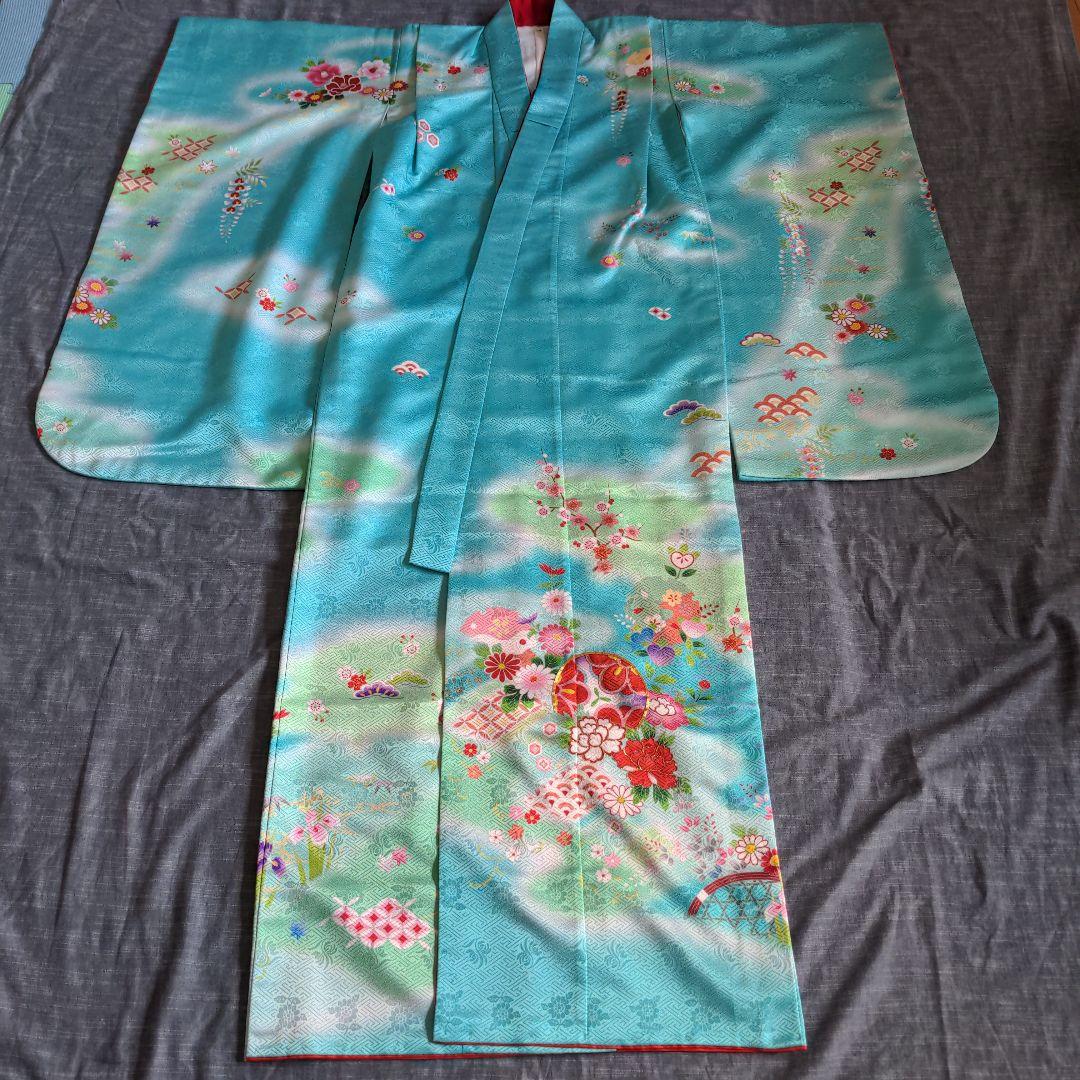 七五三　着物　７歳 　フルセット　水色　古典柄　ターコイズブルー