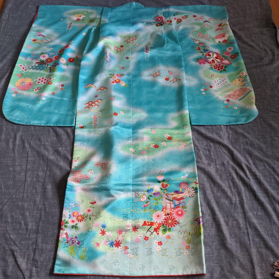 七五三　着物　７歳 　フルセット　水色　古典柄　ターコイズブルー