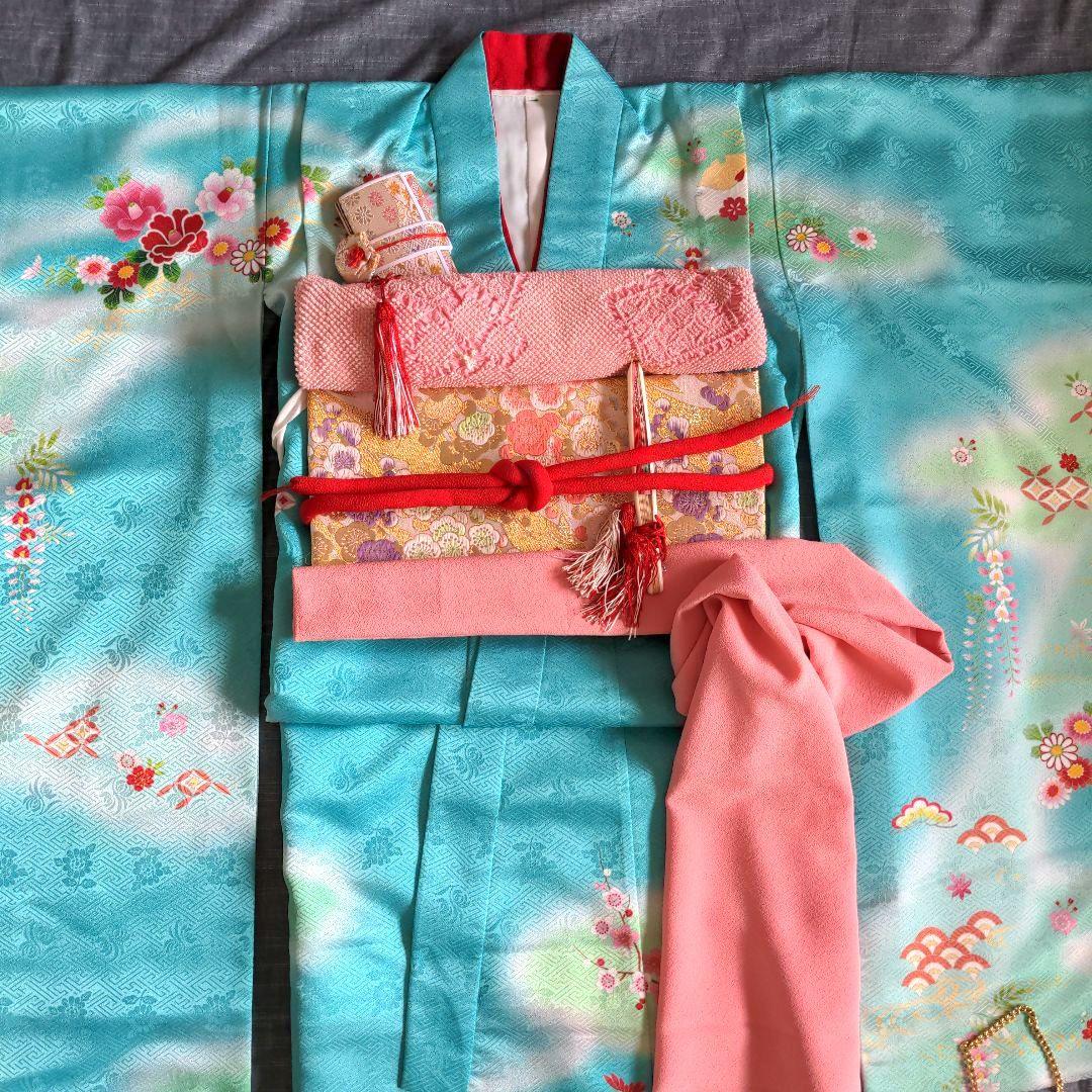 七五三　着物　７歳 　フルセット　水色　古典柄　ターコイズブルー