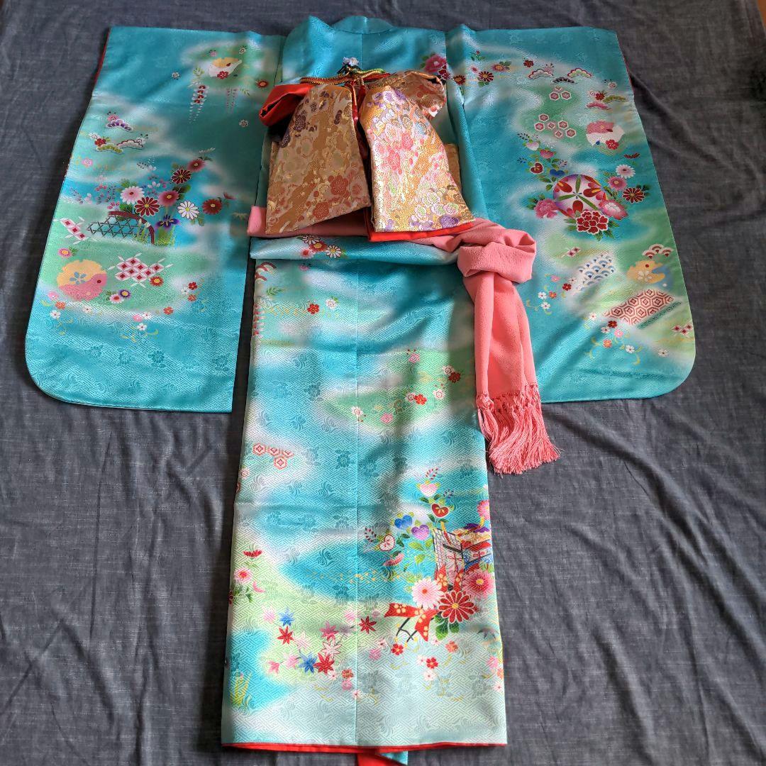 七五三　着物　７歳 　フルセット　水色　古典柄　ターコイズブルー