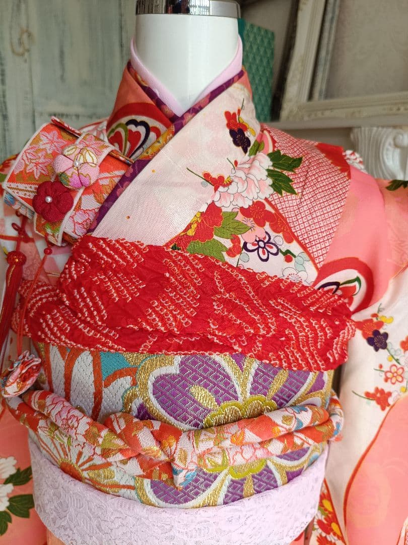 専用です☆☆アンティーク薄いピンクの着物にブルーのだらり帯☆七五三フルセット