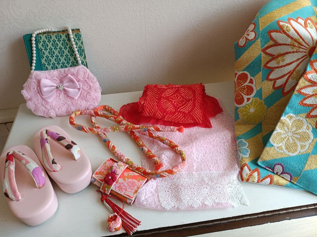 専用です☆☆アンティーク薄いピンクの着物にブルーのだらり帯☆七五三フルセット