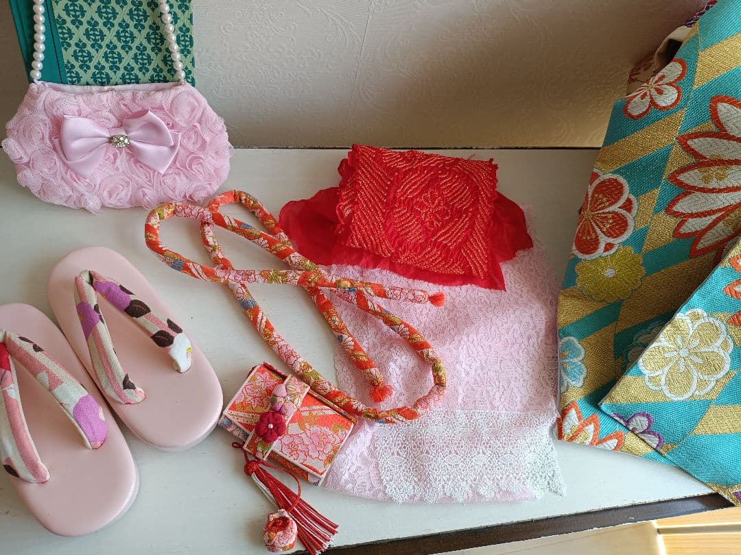 専用です☆☆アンティーク薄いピンクの着物にブルーのだらり帯☆七五三フルセット