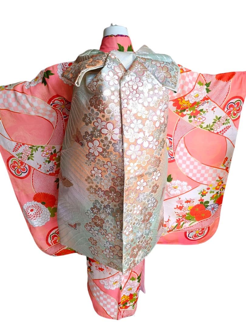 専用です☆☆アンティーク薄いピンクの着物にブルーのだらり帯☆七五三フルセット