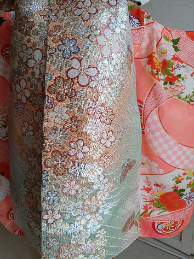 専用です☆☆アンティーク薄いピンクの着物にブルーのだらり帯☆七五三フルセット