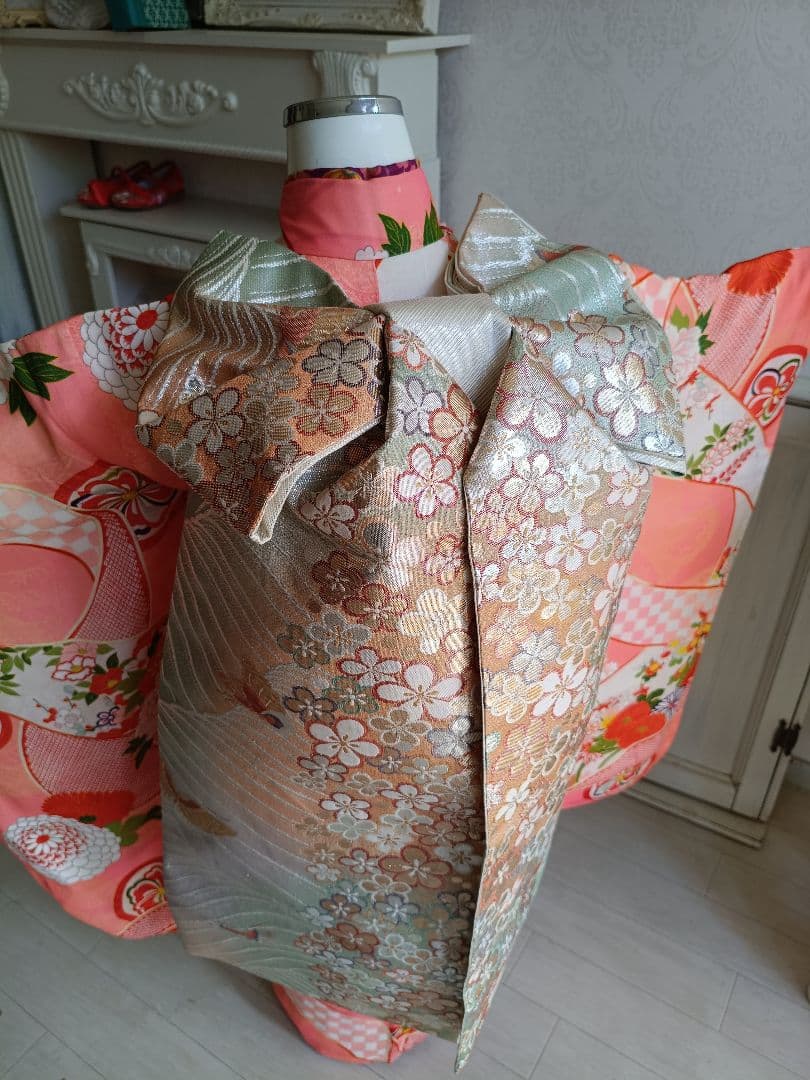 専用です☆☆アンティーク薄いピンクの着物にブルーのだらり帯☆七五三フルセット