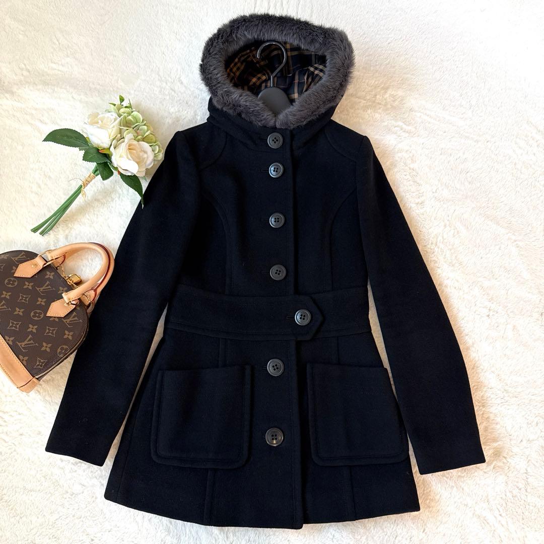 【希少サイズ✨】バーバリーブルーレーベル　ウールアンゴラ混コート　ラビットファー