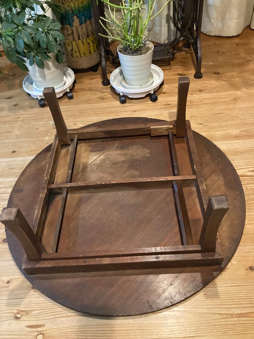 昭和レトロ　古い木製丸ローテーブル　折畳丸ちゃぶ台17直径900