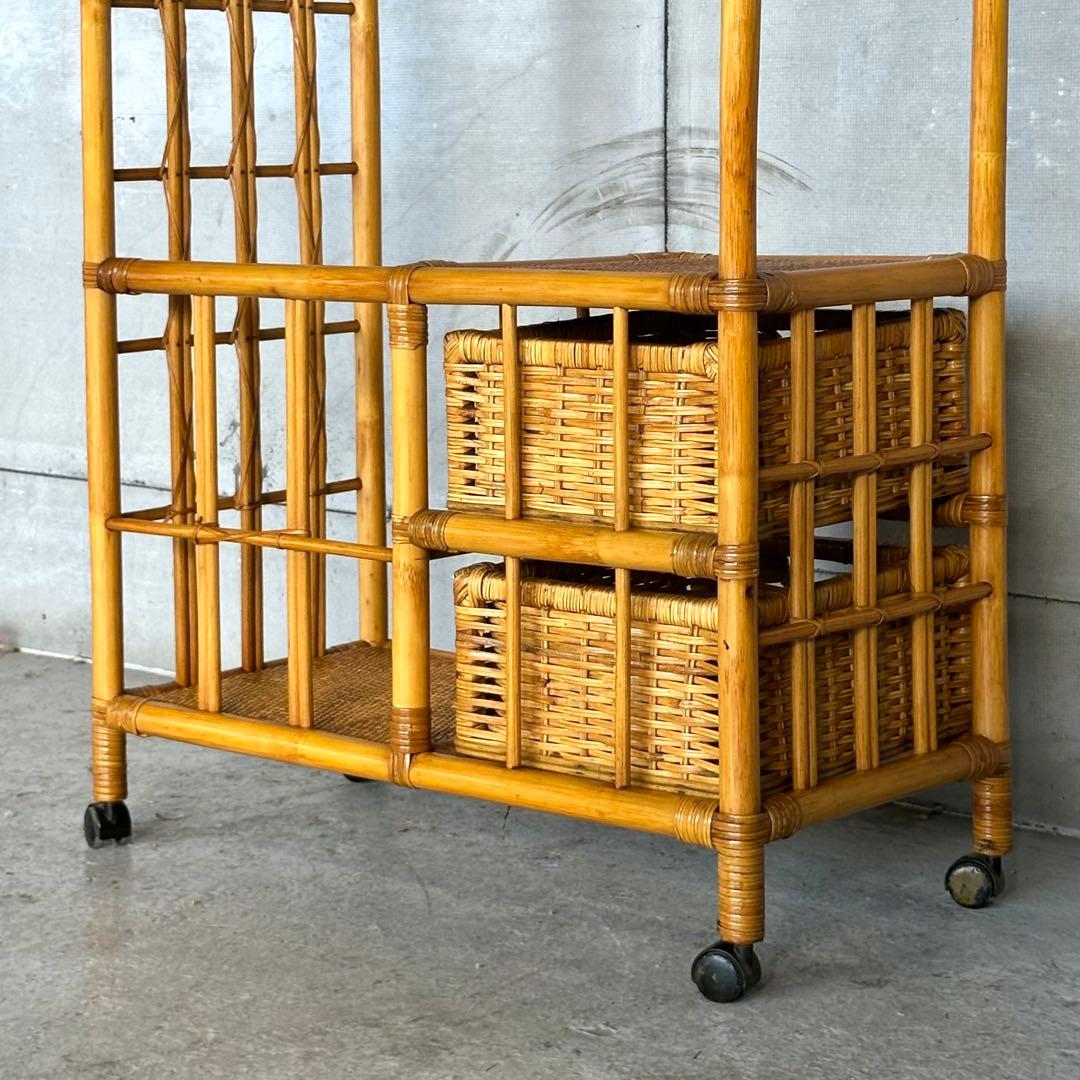 ꧁ラタン꧂昭和レトロ ラタン ハンガーラック 収納付き 籐家具 ヴィンテージ