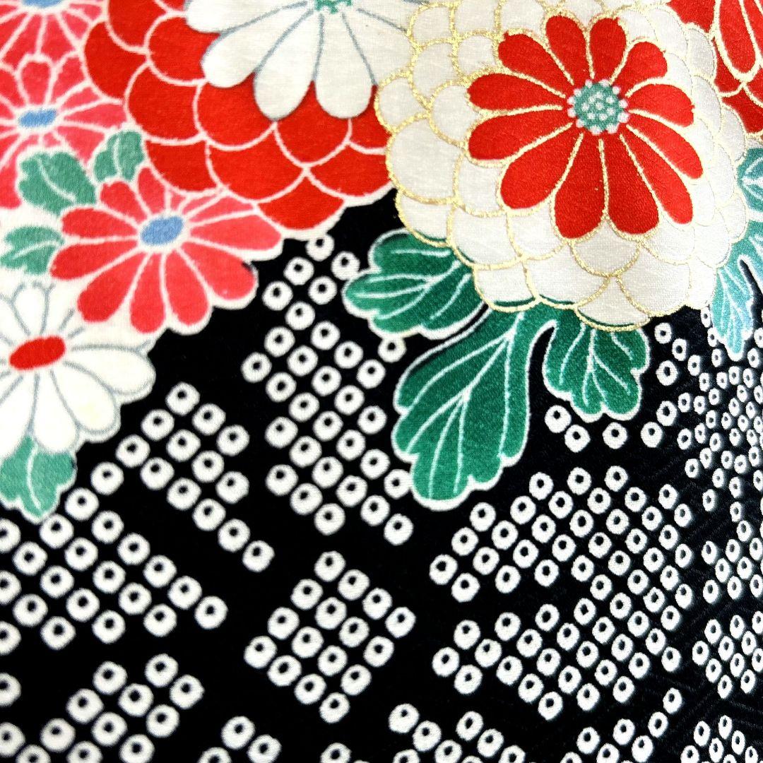 セット　七五三 ７歳女の子 長着＆袖なし長襦袢＆帯＆小物　黒×赤　金糸花御所車鶴