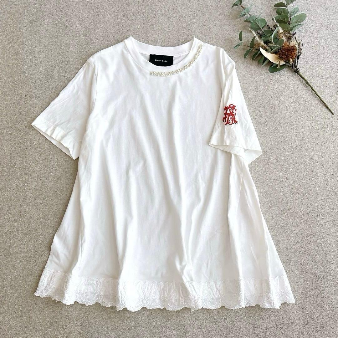 shimonerocha カットソー　Aライン　半袖　パール　刺繍　レース　S