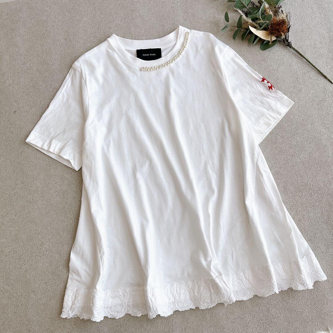 shimonerocha カットソー　Aライン　半袖　パール　刺繍　レース　S