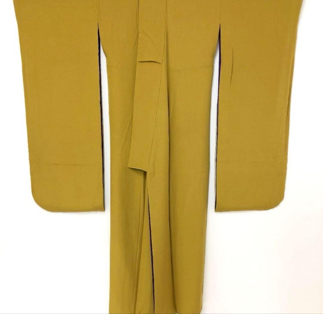 無地 比翼付振袖 正絹 縮緬 芥子 裄71 クリーニング済