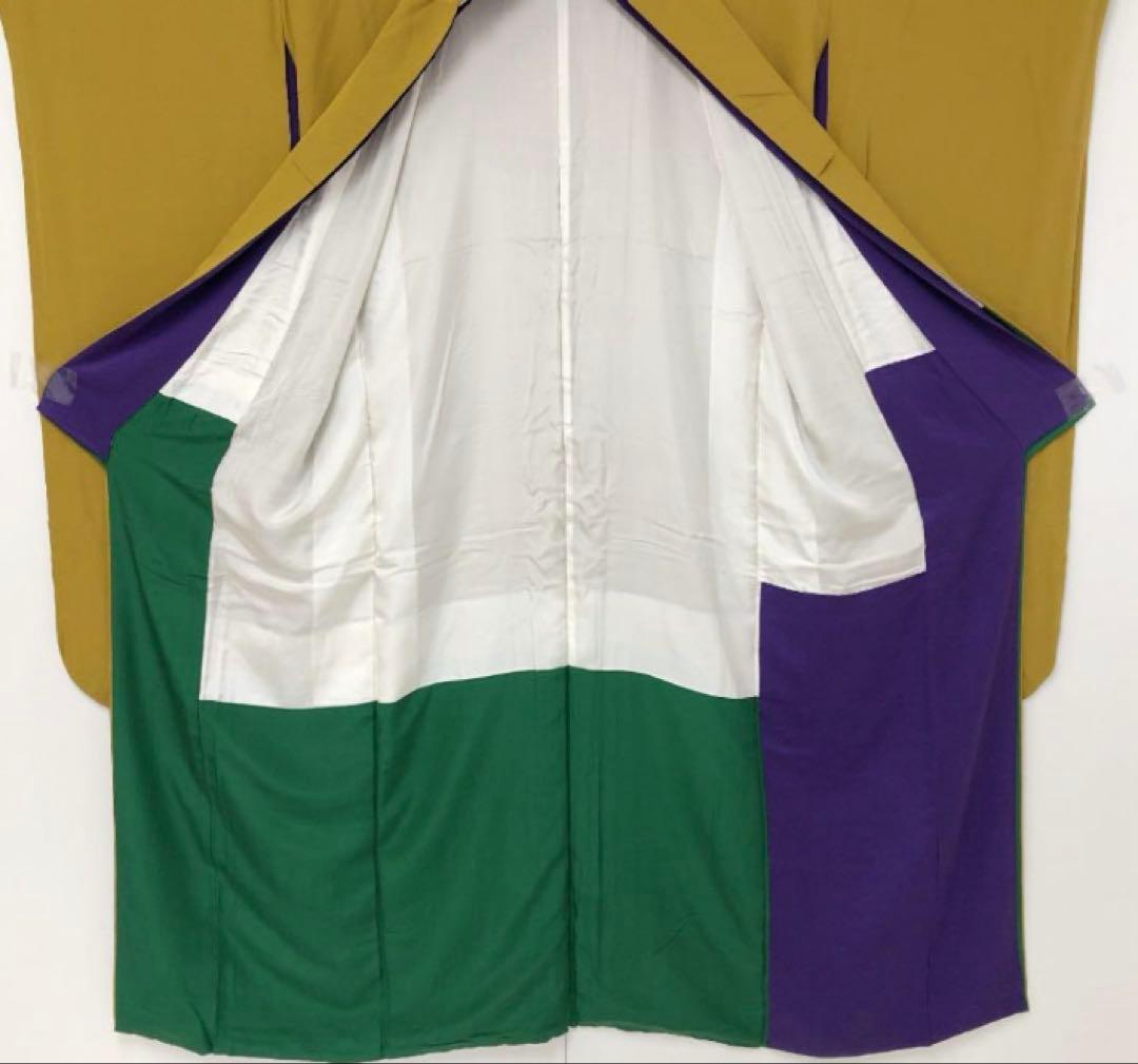 無地 比翼付振袖 正絹 縮緬 芥子 裄71 クリーニング済