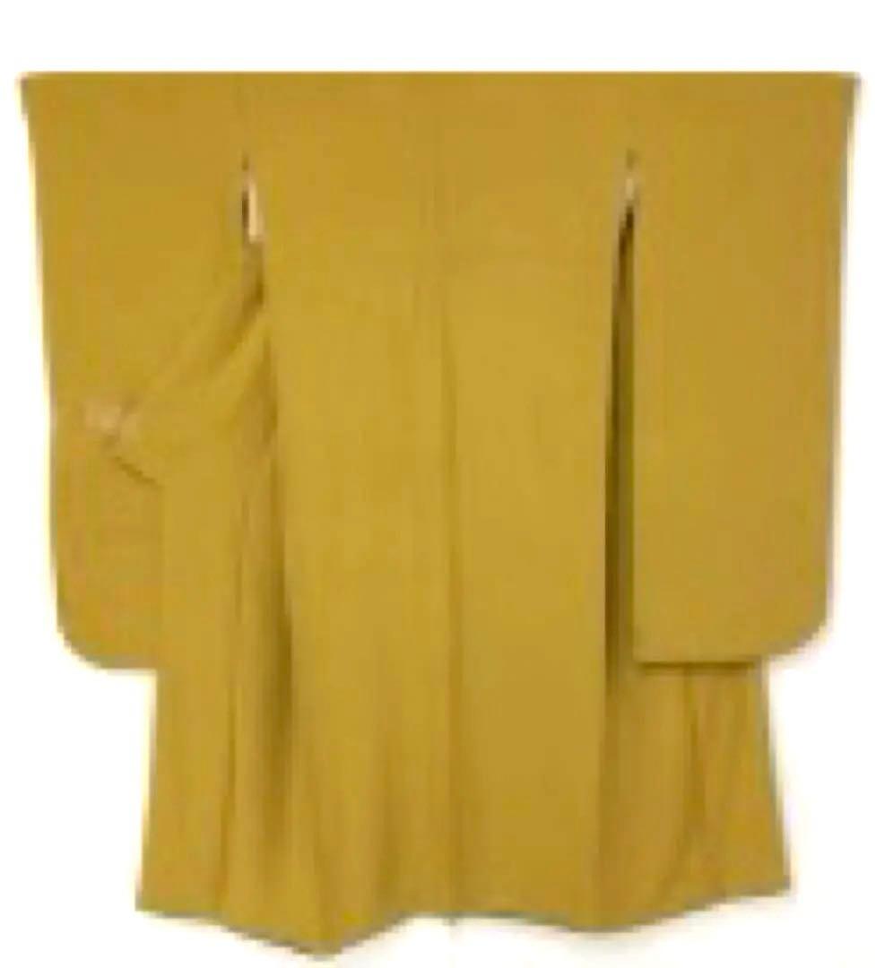 無地 比翼付振袖 正絹 縮緬 芥子 裄71 クリーニング済