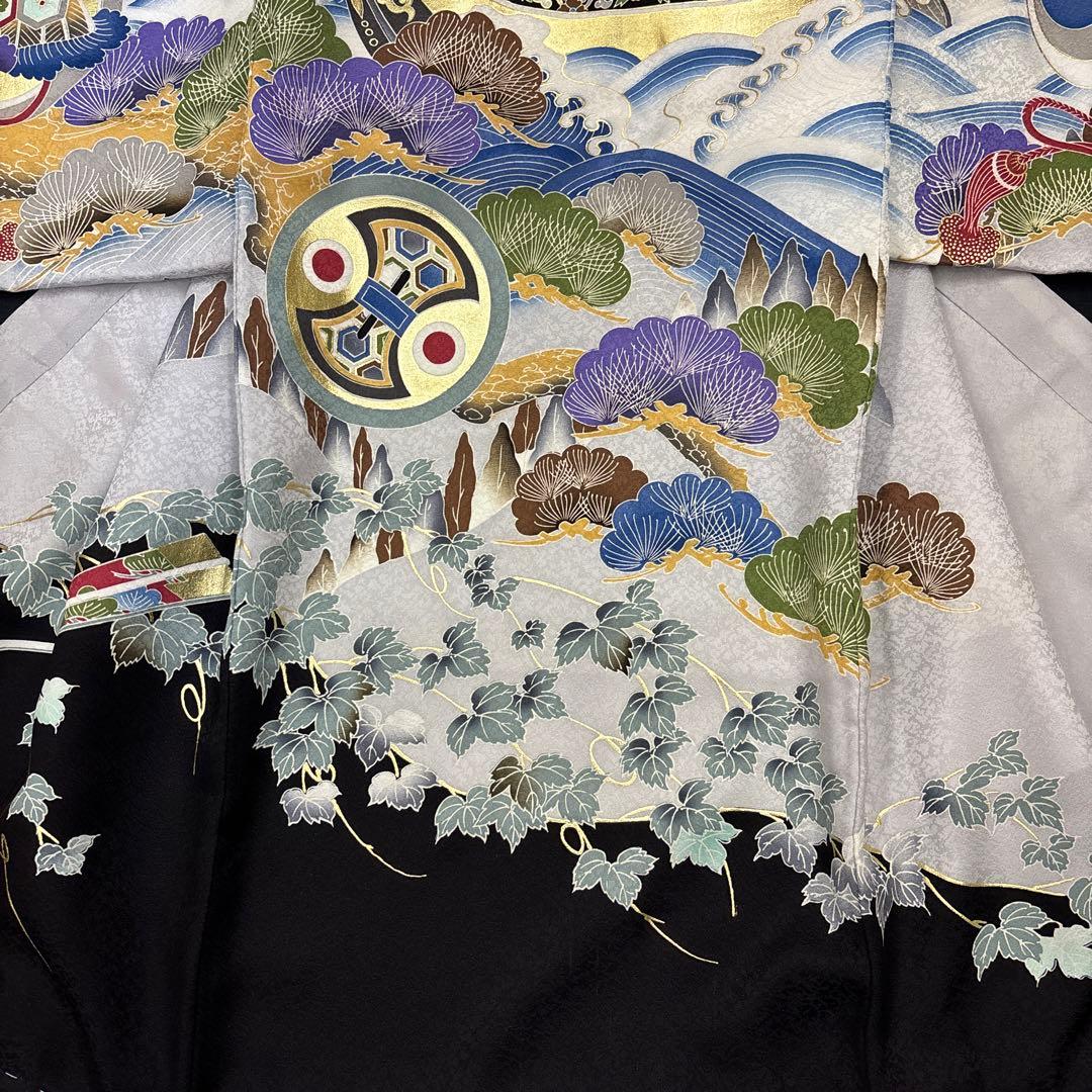 しき新品男子正絹産着祝着京友禅工芸染、特選豪華刺繍と本金宝船多色祝い波文