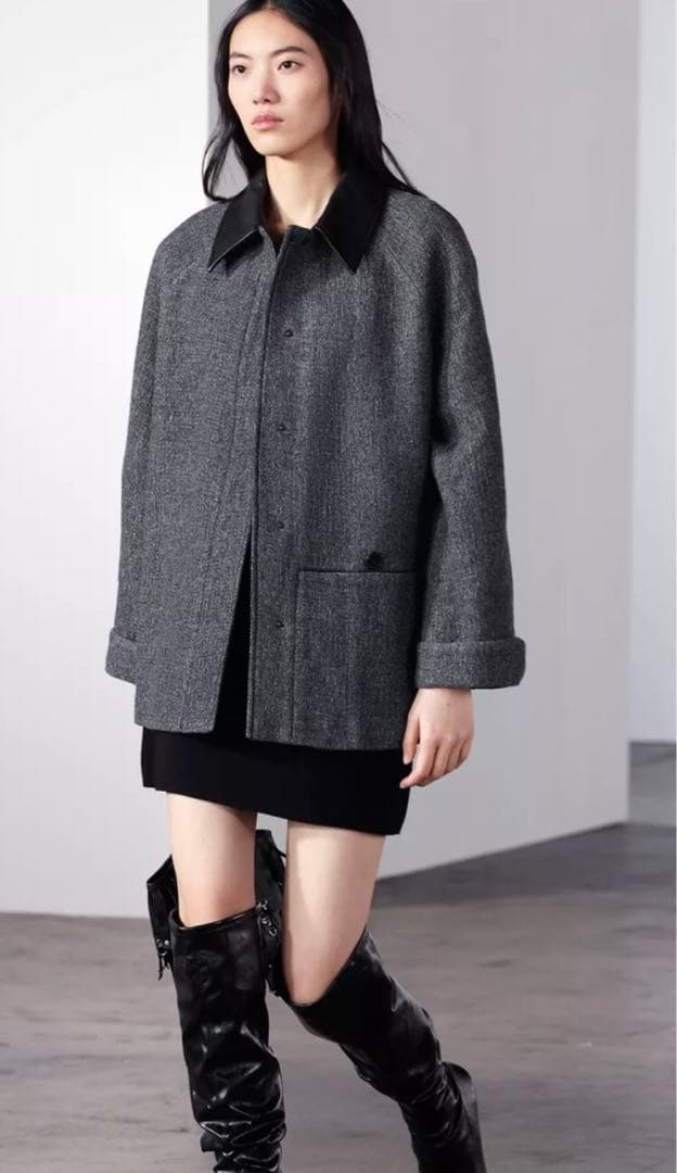 新品タグ付き ZARA レザーカラーコート MANTECO ウール混ジャケット