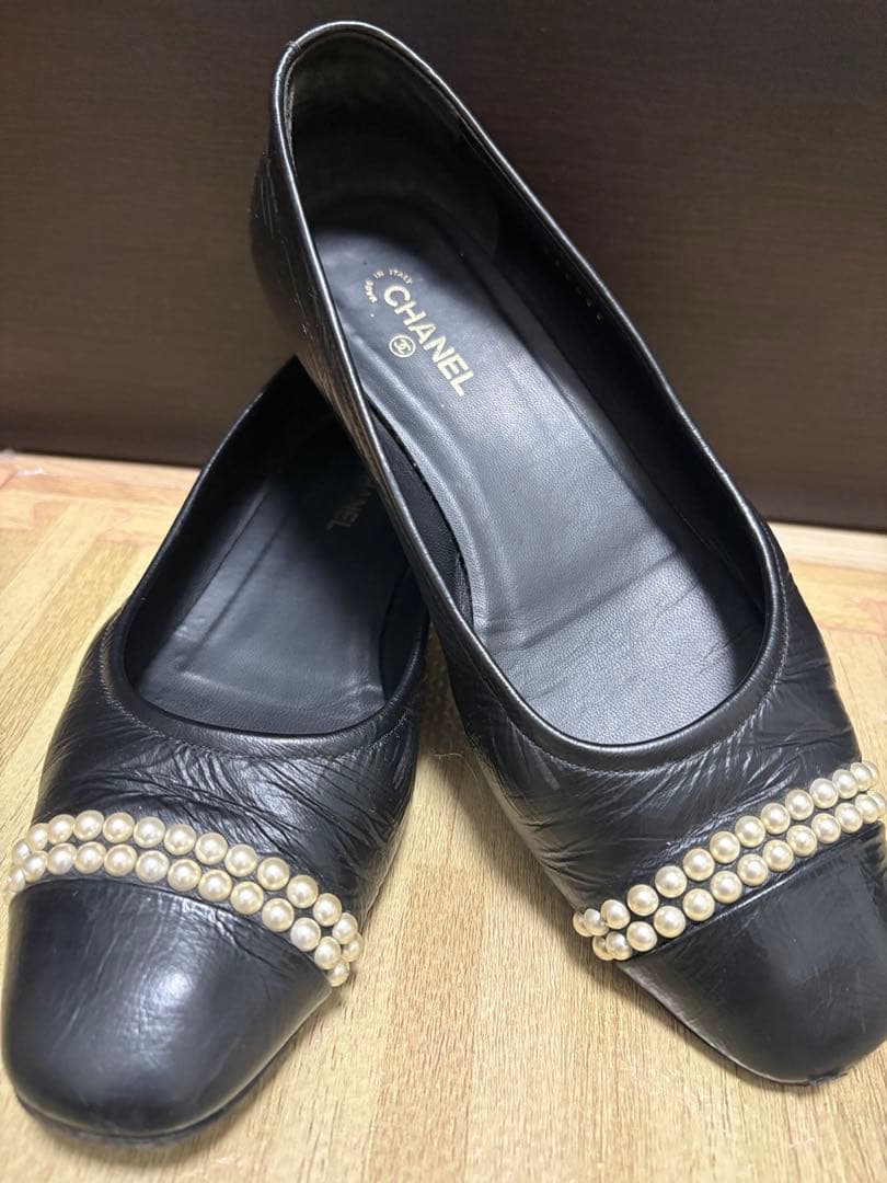 シャネル　パール付きバレエシューズ　パンプス　38 24.5cm ブラック定番