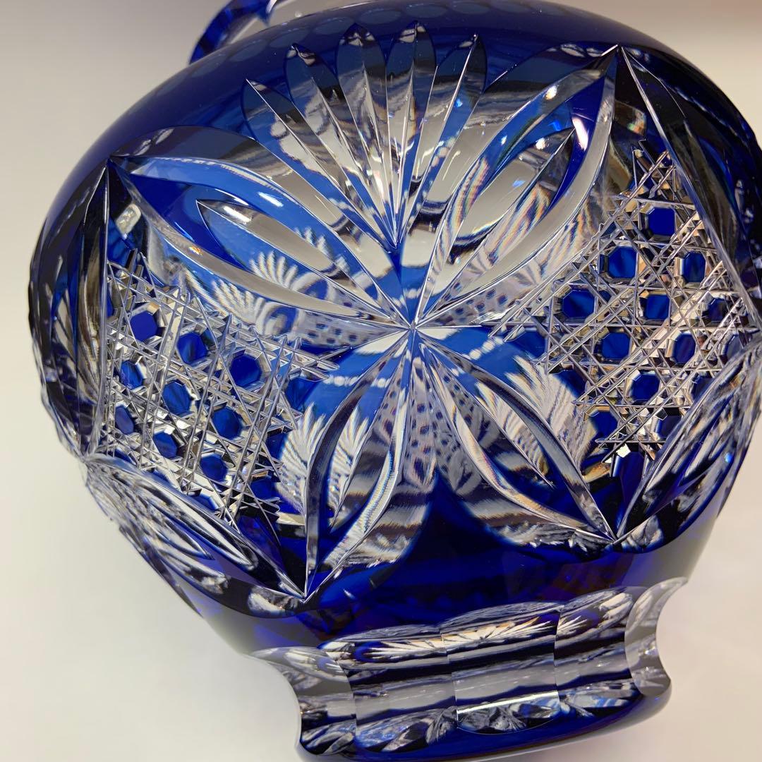 【未使用】カガミクリスタル 江戸切子 花瓶 伝統工芸士木村秋男氏デザイン 青色