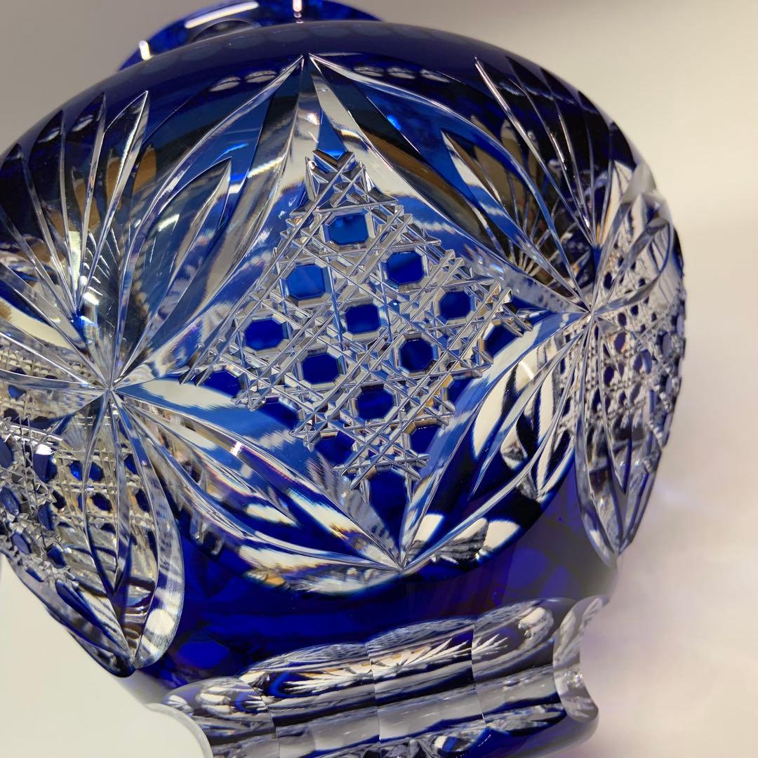 【未使用】カガミクリスタル 江戸切子 花瓶 伝統工芸士木村秋男氏デザイン 青色