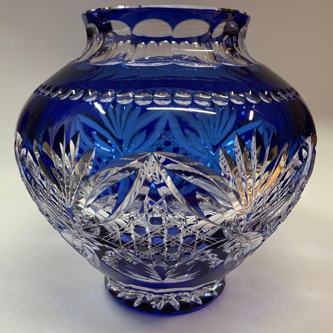 【未使用】カガミクリスタル 江戸切子 花瓶 伝統工芸士木村秋男氏デザイン 青色