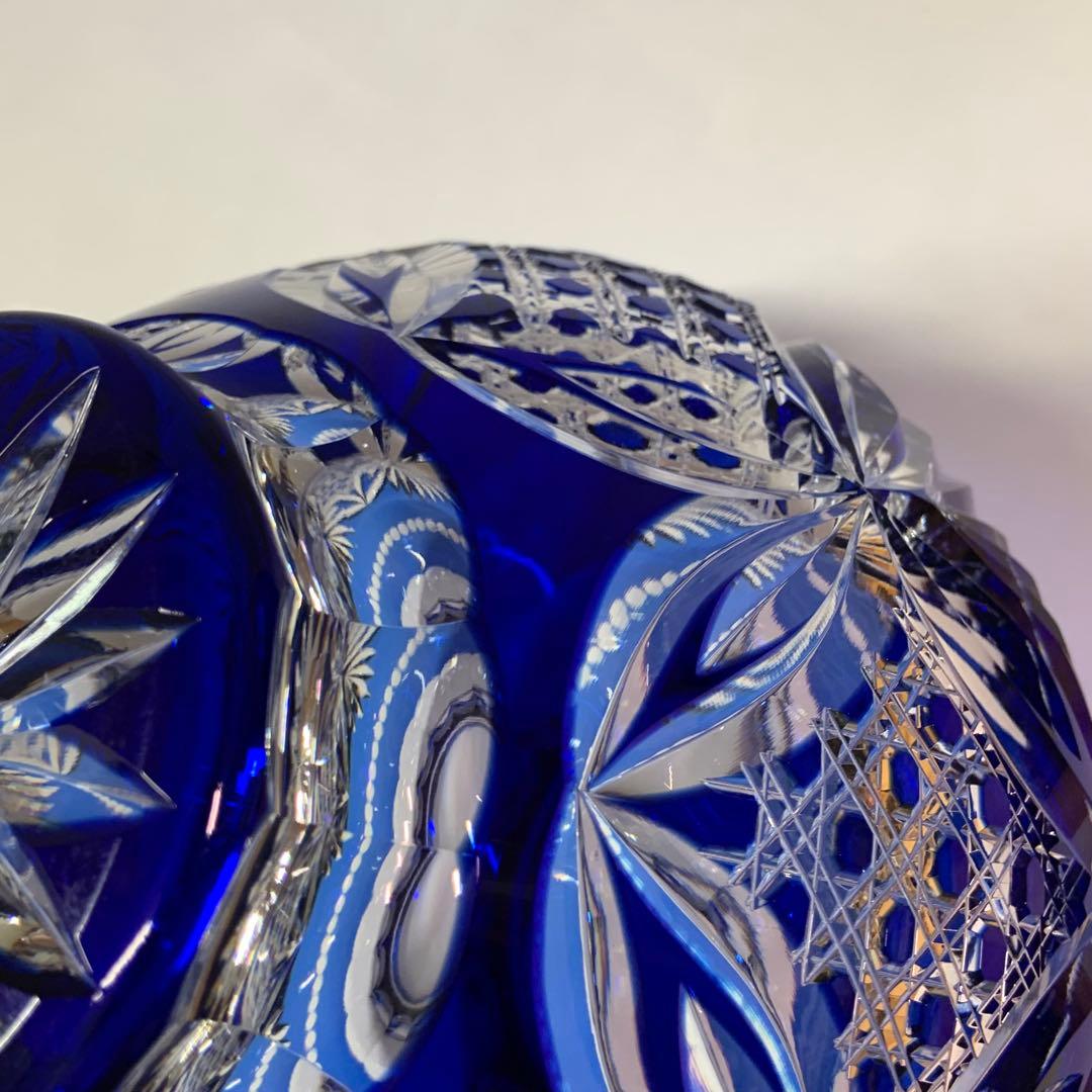 【未使用】カガミクリスタル 江戸切子 花瓶 伝統工芸士木村秋男氏デザイン 青色