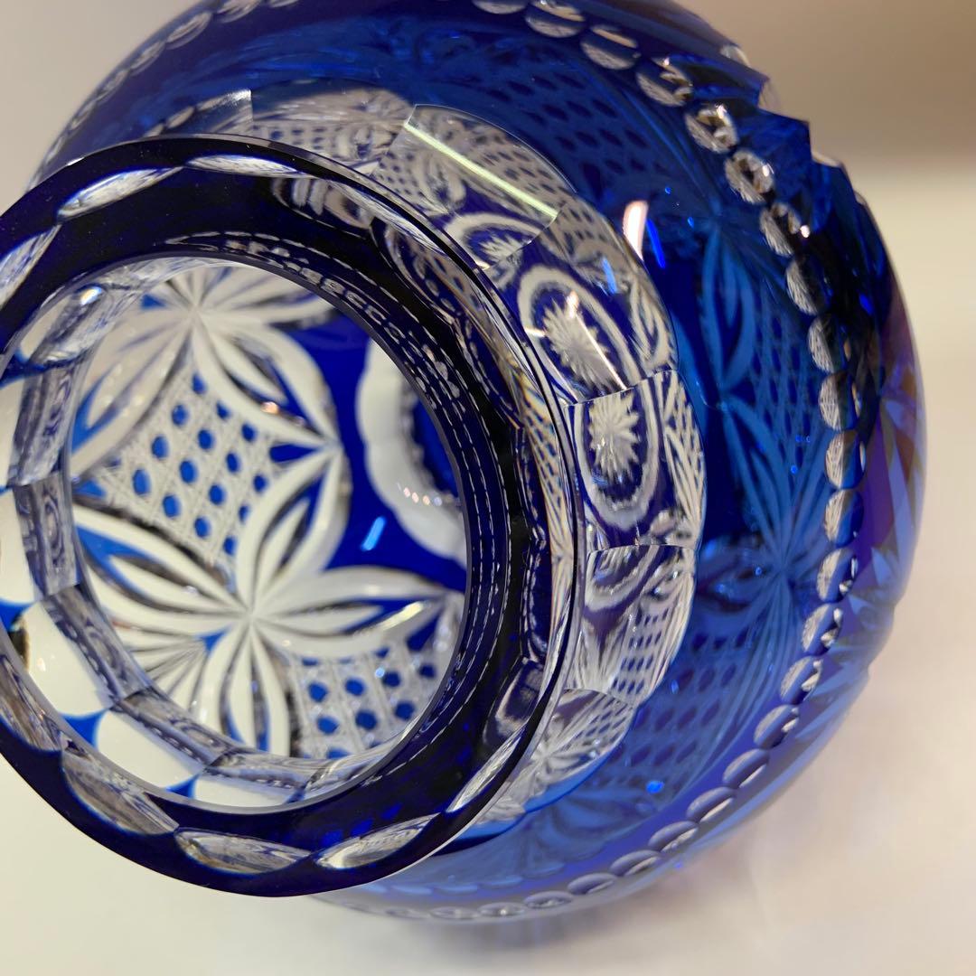 【未使用】カガミクリスタル 江戸切子 花瓶 伝統工芸士木村秋男氏デザイン 青色