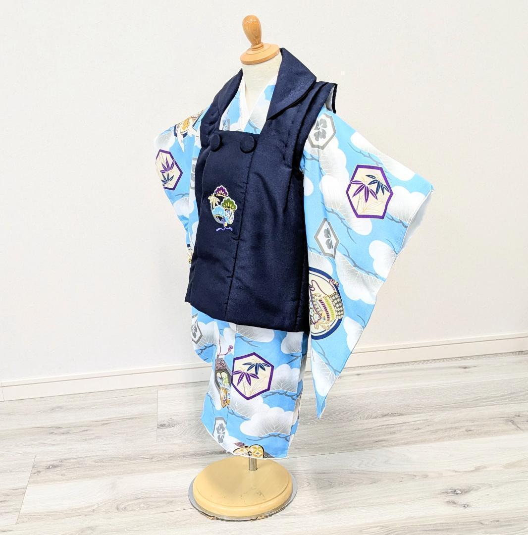 七五三 3歳 男児 ブランド 着物 被布コート セット 水色 紺 古典 KM3