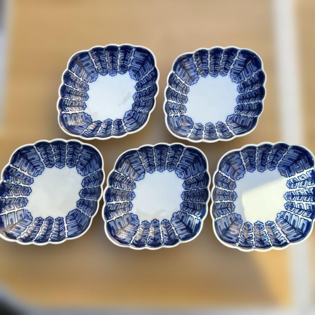 美品　源右衛門　 小皿波型の白青皿 5枚セット