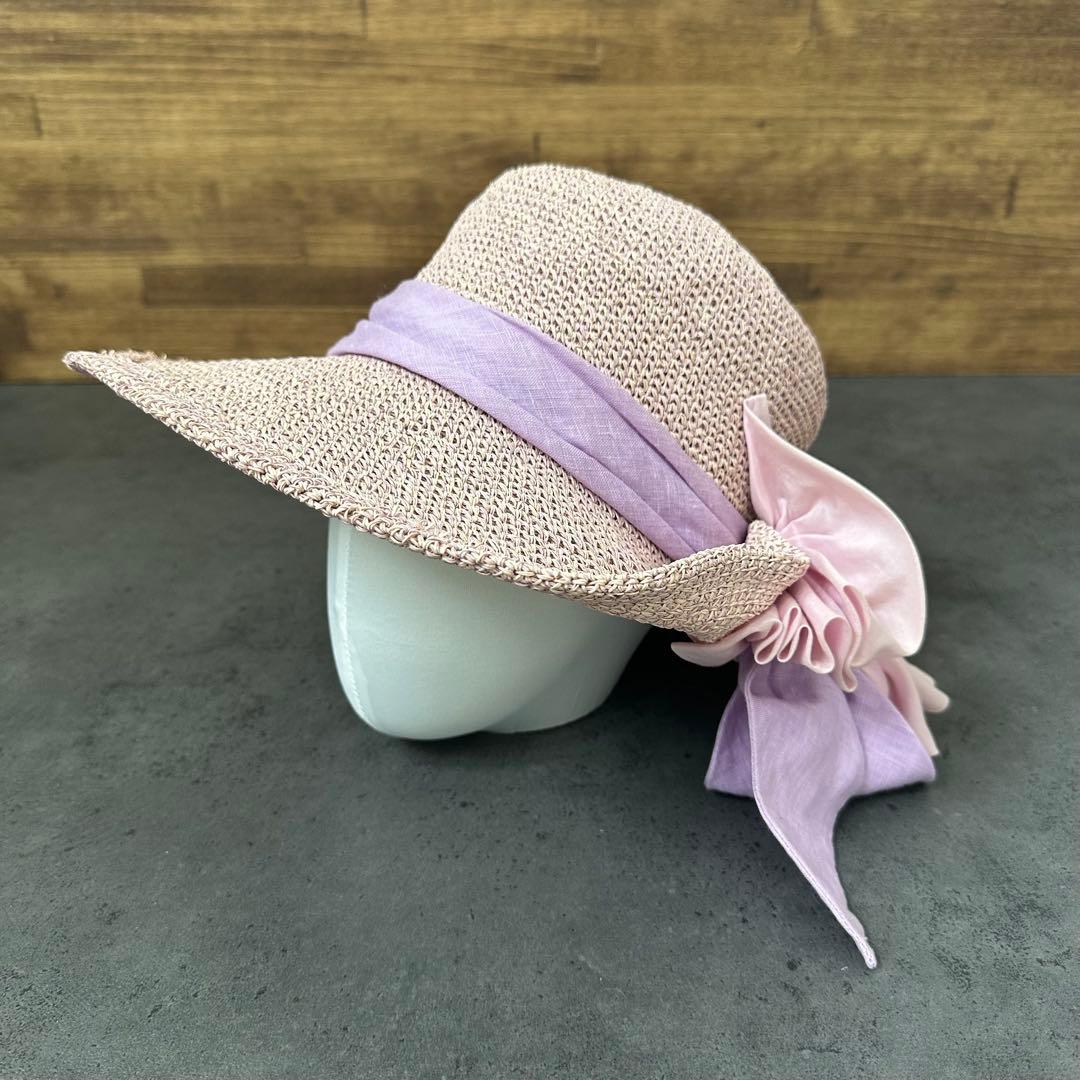 CA4LA 女優帽　麦わら帽子　リボン　和紙　サイズ調整可能　ピンクパープル