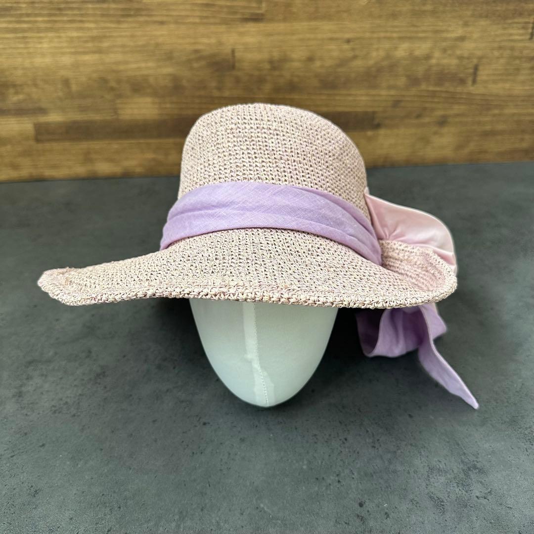 CA4LA 女優帽　麦わら帽子　リボン　和紙　サイズ調整可能　ピンクパープル