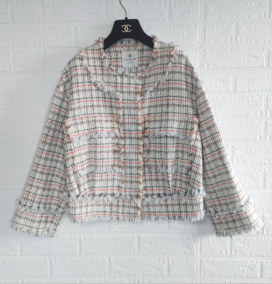 専用✨美品✨ランバンオンブルー　ノーカラー　オープンスリーブ　ツィードジャケット