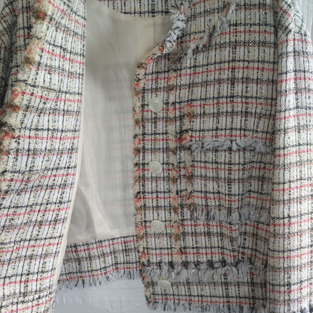 専用✨美品✨ランバンオンブルー　ノーカラー　オープンスリーブ　ツィードジャケット