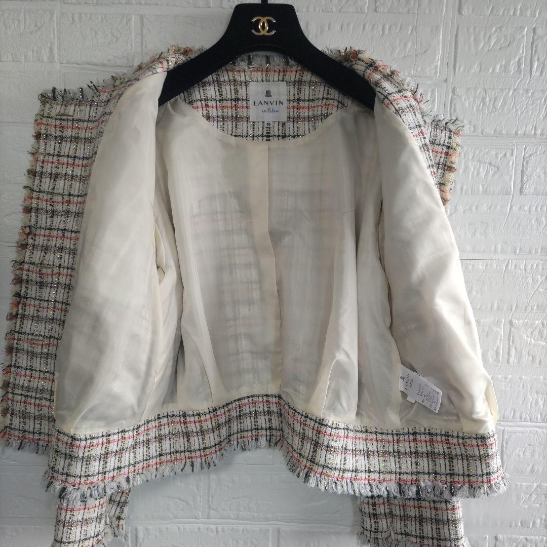 専用✨美品✨ランバンオンブルー　ノーカラー　オープンスリーブ　ツィードジャケット