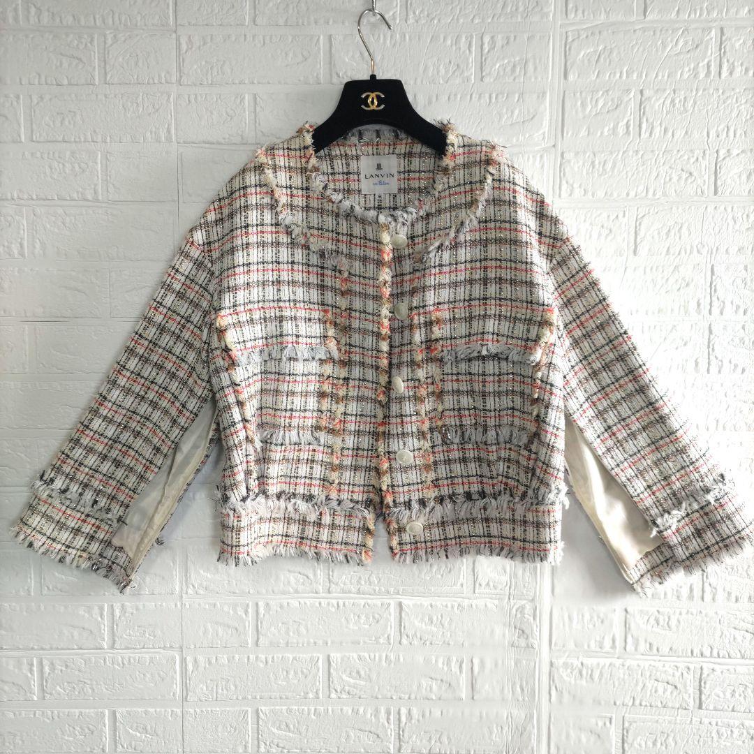 専用✨美品✨ランバンオンブルー　ノーカラー　オープンスリーブ　ツィードジャケット