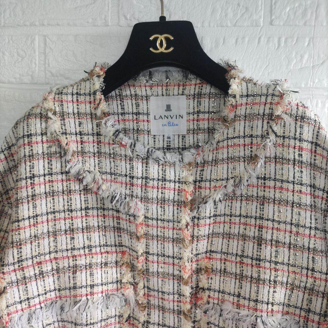 専用✨美品✨ランバンオンブルー　ノーカラー　オープンスリーブ　ツィードジャケット