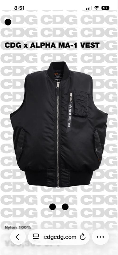 CDG x ALPHA MA-1 VEST ブラック