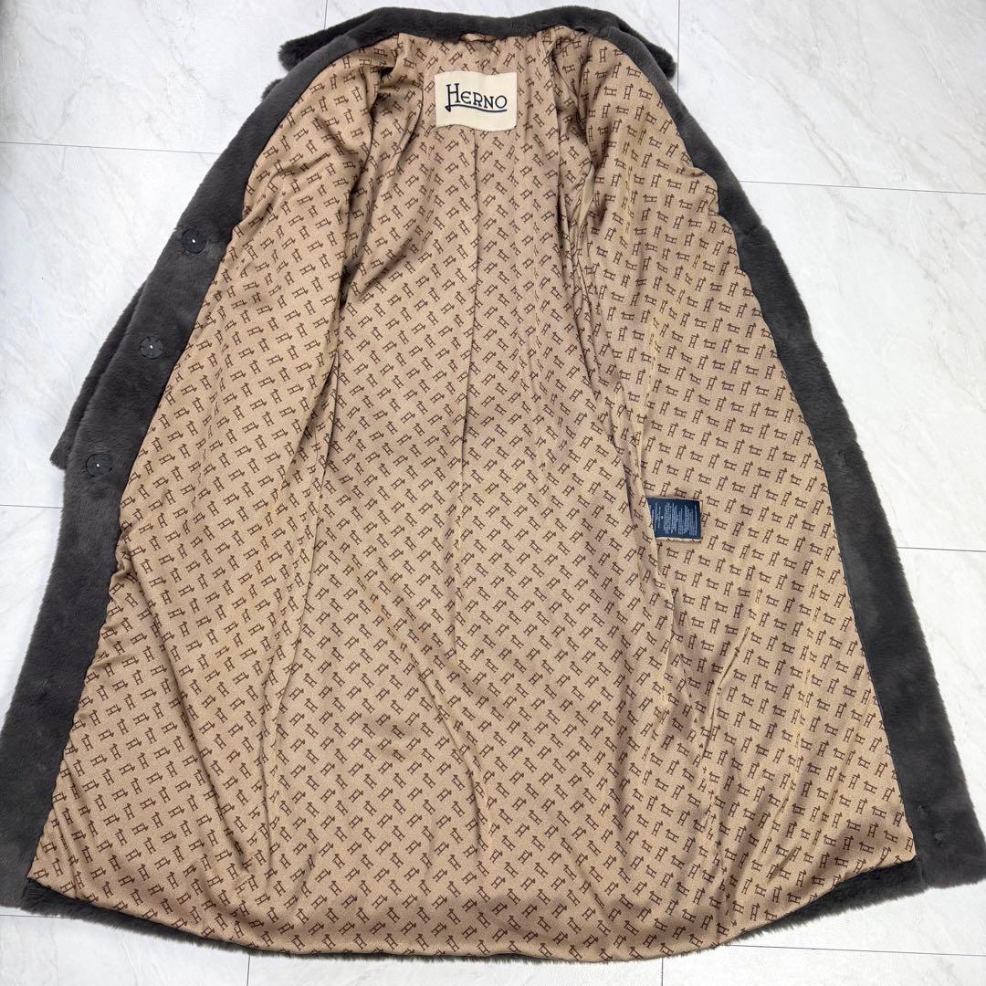 極美品 HERNO エコファー ガウン ロングコート グレー モノグラム 40