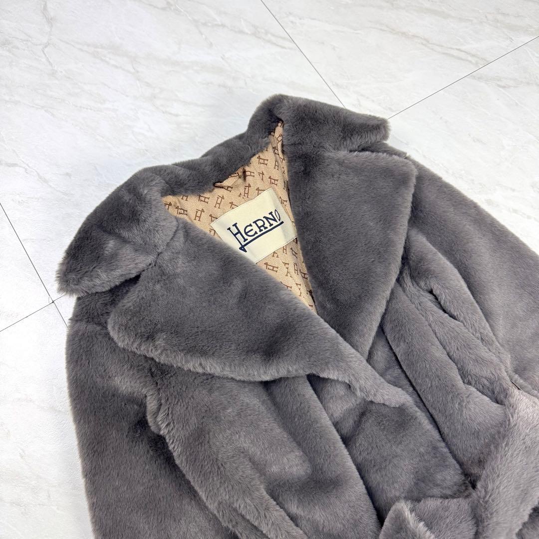 極美品 HERNO エコファー ガウン ロングコート グレー モノグラム 40