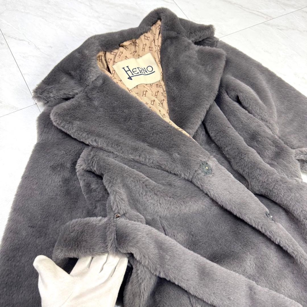 極美品 HERNO エコファー ガウン ロングコート グレー モノグラム 40