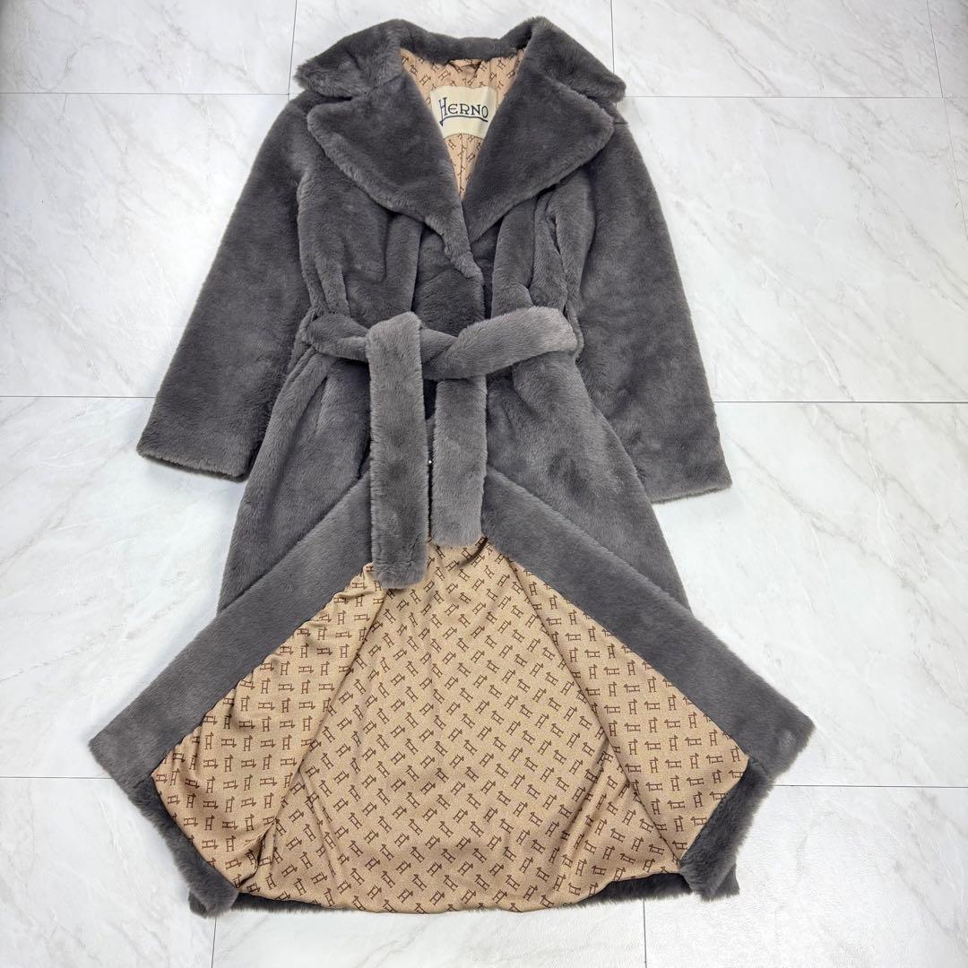 極美品 HERNO エコファー ガウン ロングコート グレー モノグラム 40