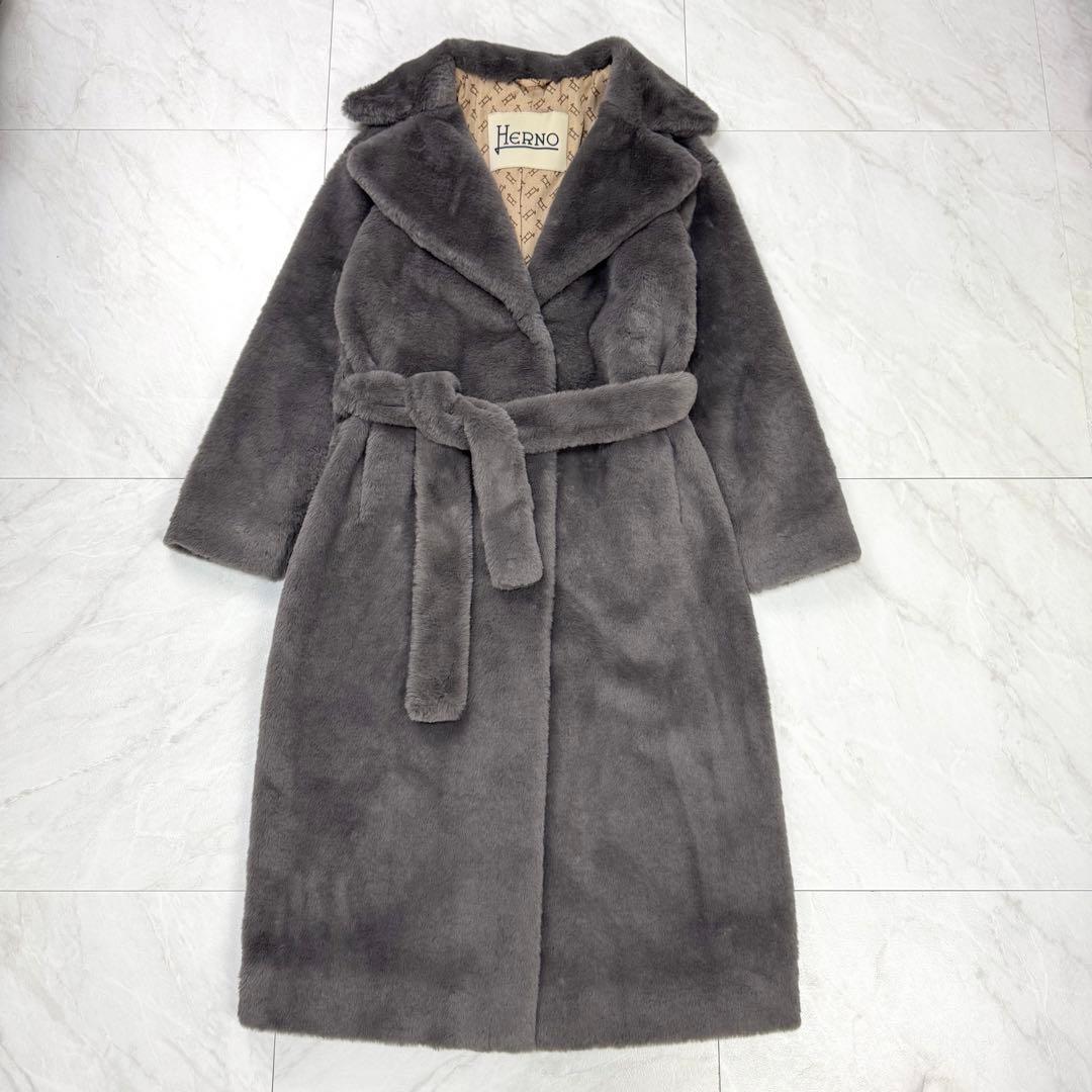 極美品 HERNO エコファー ガウン ロングコート グレー モノグラム 40