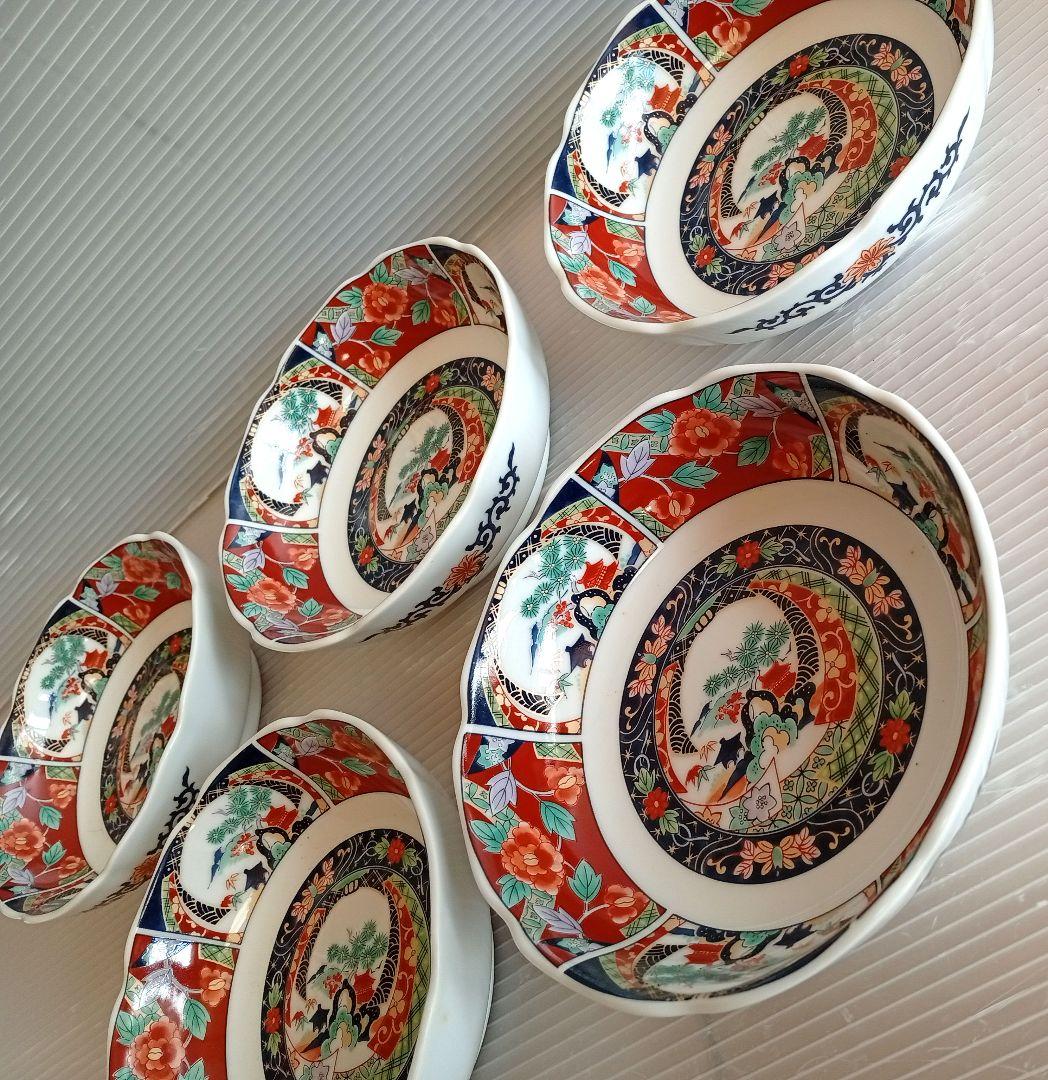 有田焼　昇龍窯　古伊万里　中鉢揃　5枚セット　赤絵　浅鉢　中皿　金彩色絵　煮物鉢