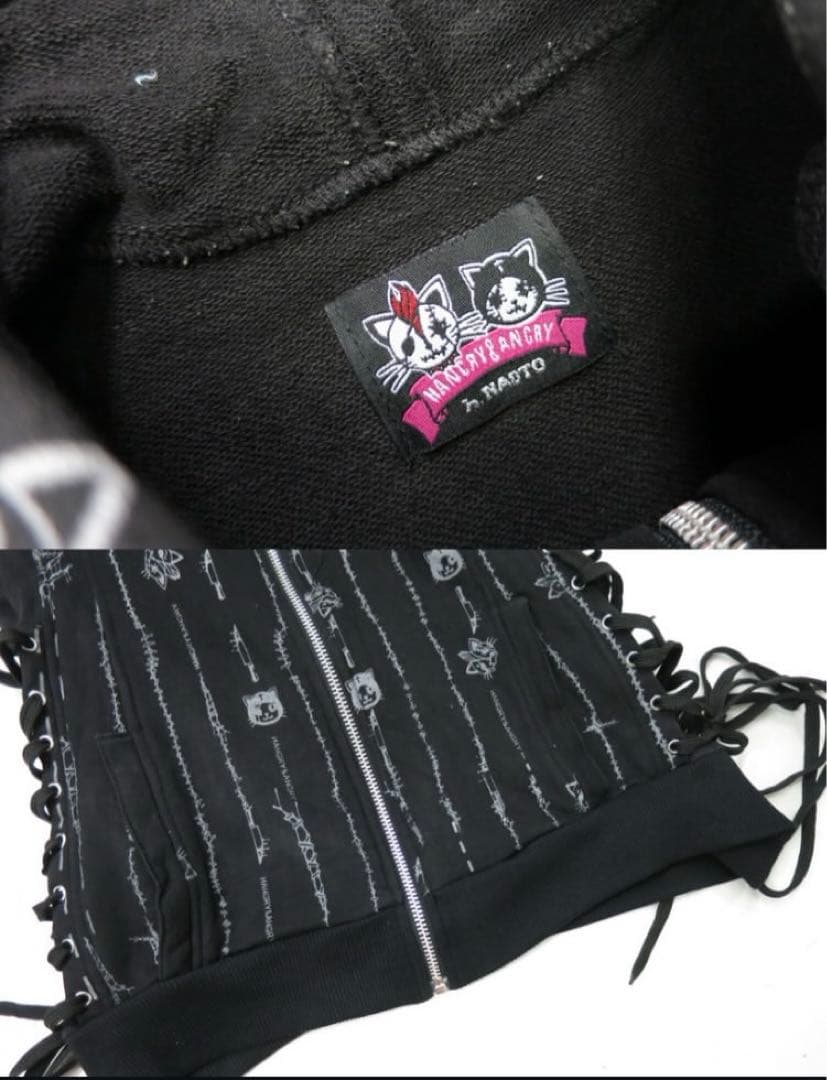 h.NAOTO HANGRY&ANGRY 悪魔耳ノースリーブパーカー　編み上げ