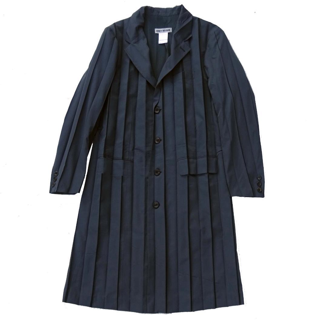 銀タグ　イッセイミヤケ　プリーツストライプロングジャケットコート グレーM